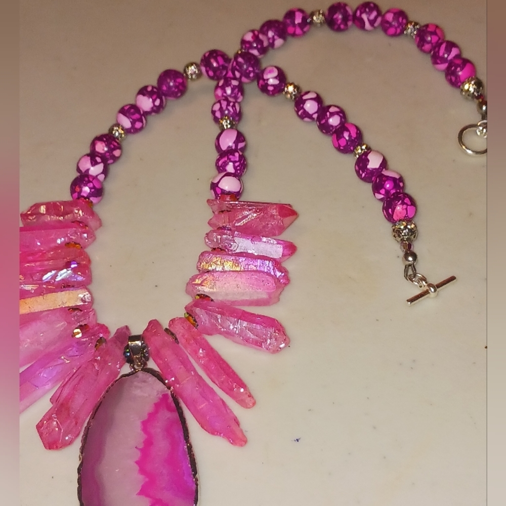 Bohemian statement necklace,pink agate,dyed quarts crystals, semi-precious stone
